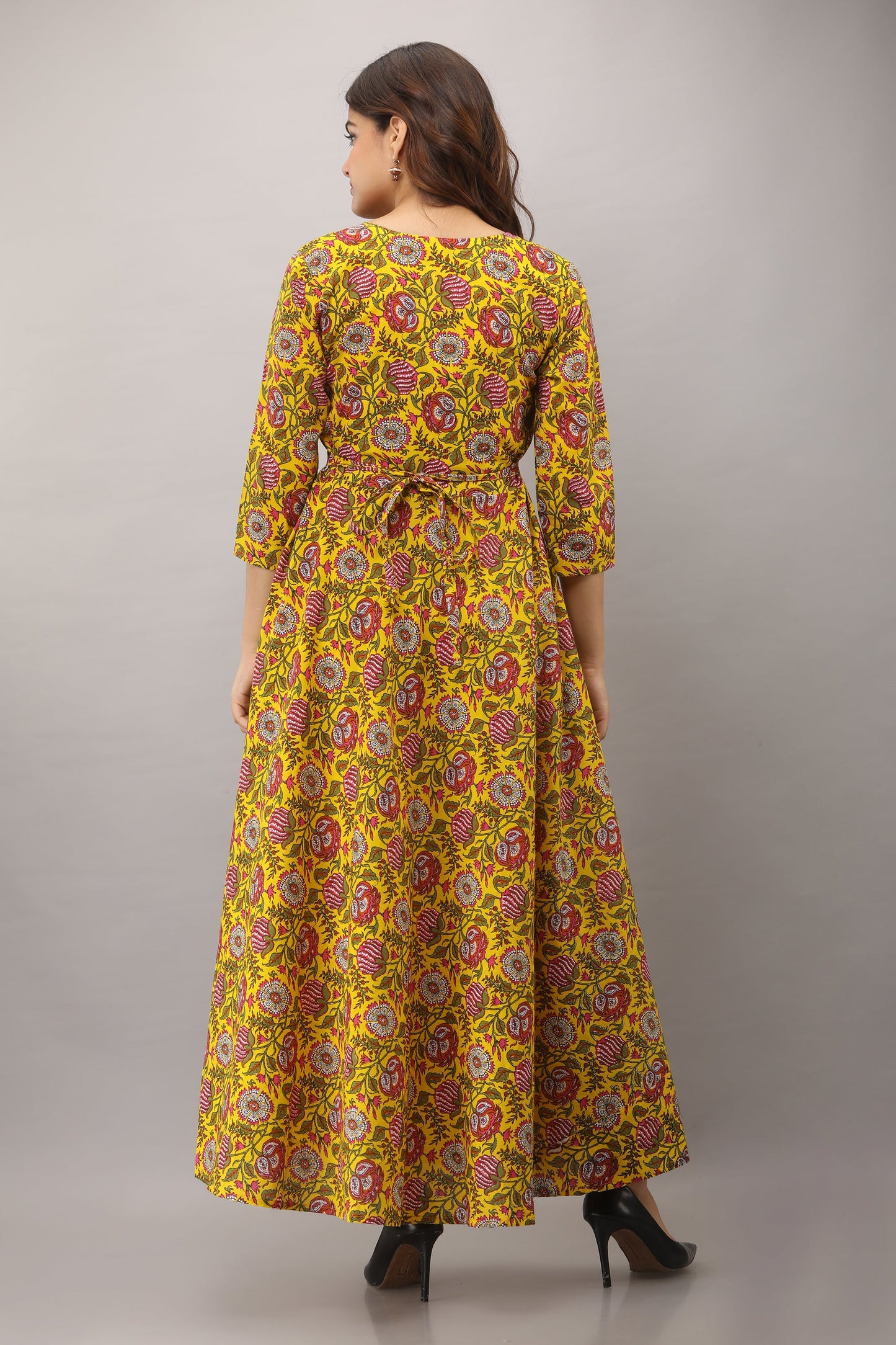 Printed Cotton 3/4 Sleeves Full Length Flared Dress