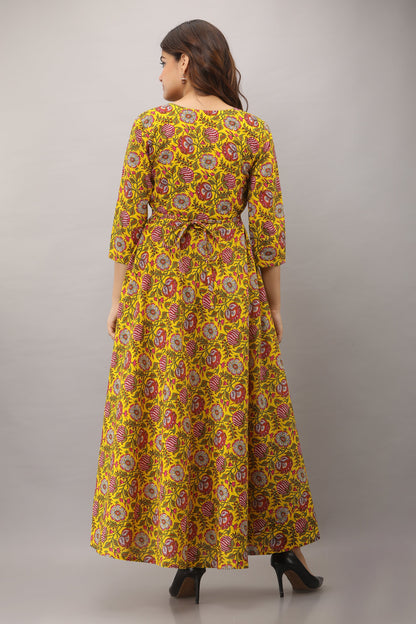 Printed Cotton 3/4 Sleeves Full Length Flared Dress
