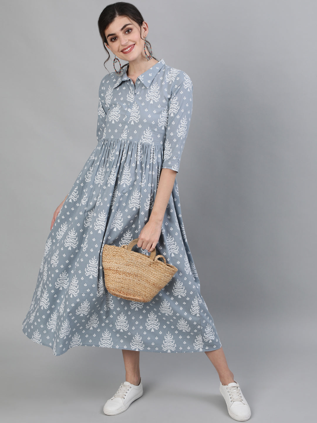 Printed Rayon 3/4 Sleeve Shirt Collor Flared Kurta Dress