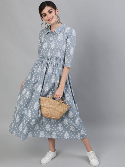 Printed Rayon 3/4 Sleeve Shirt Collor Flared Kurta Dress