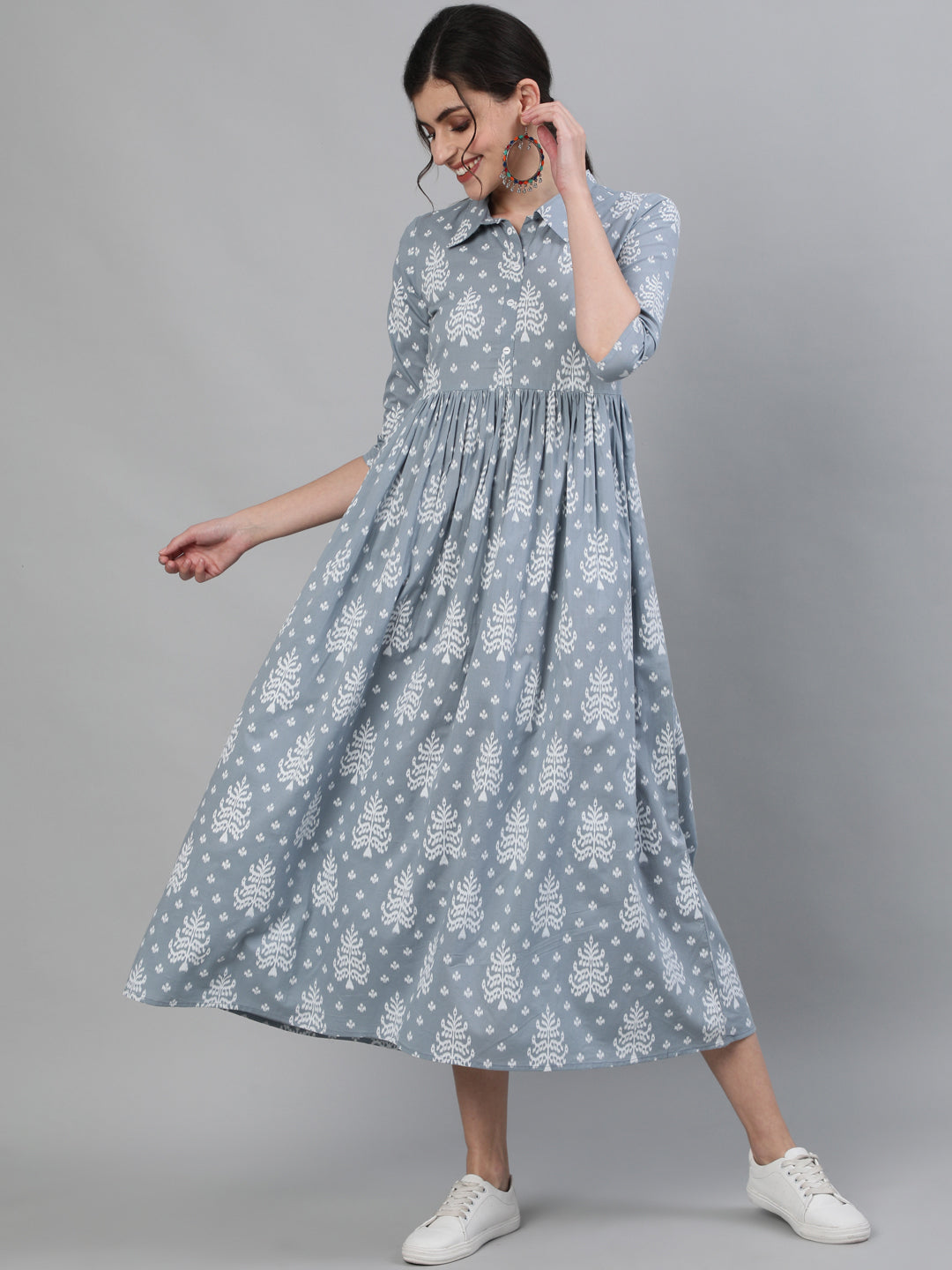 Printed Rayon 3/4 Sleeve Shirt Collor Flared Kurta Dress