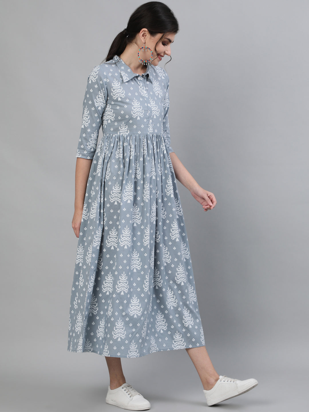 Printed Rayon 3/4 Sleeve Shirt Collor Flared Kurta Dress