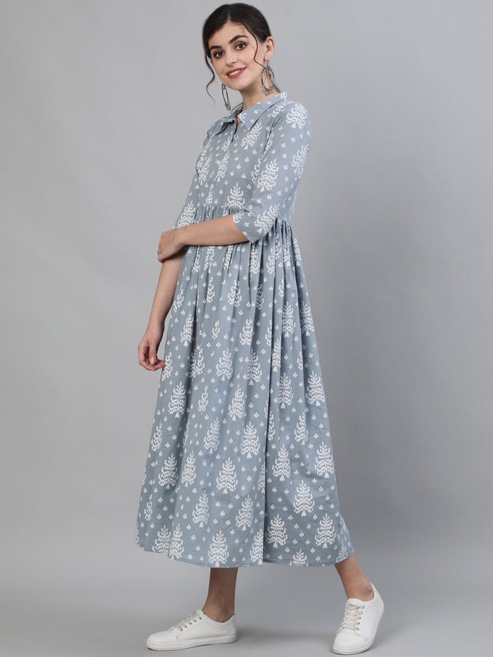 Printed Rayon 3/4 Sleeve Shirt Collor Flared Kurta Dress