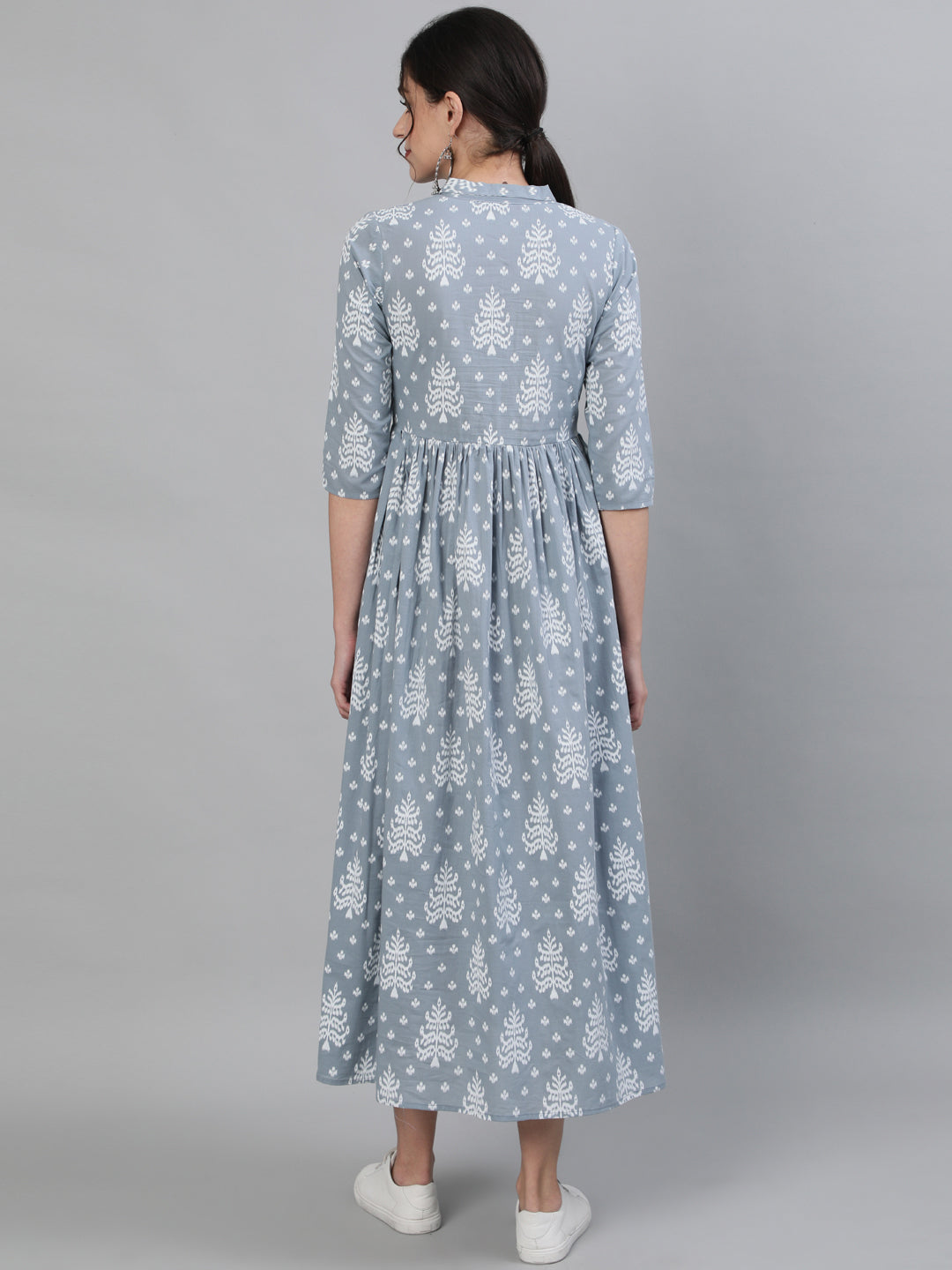 Printed Rayon 3/4 Sleeve Shirt Collor Flared Kurta Dress