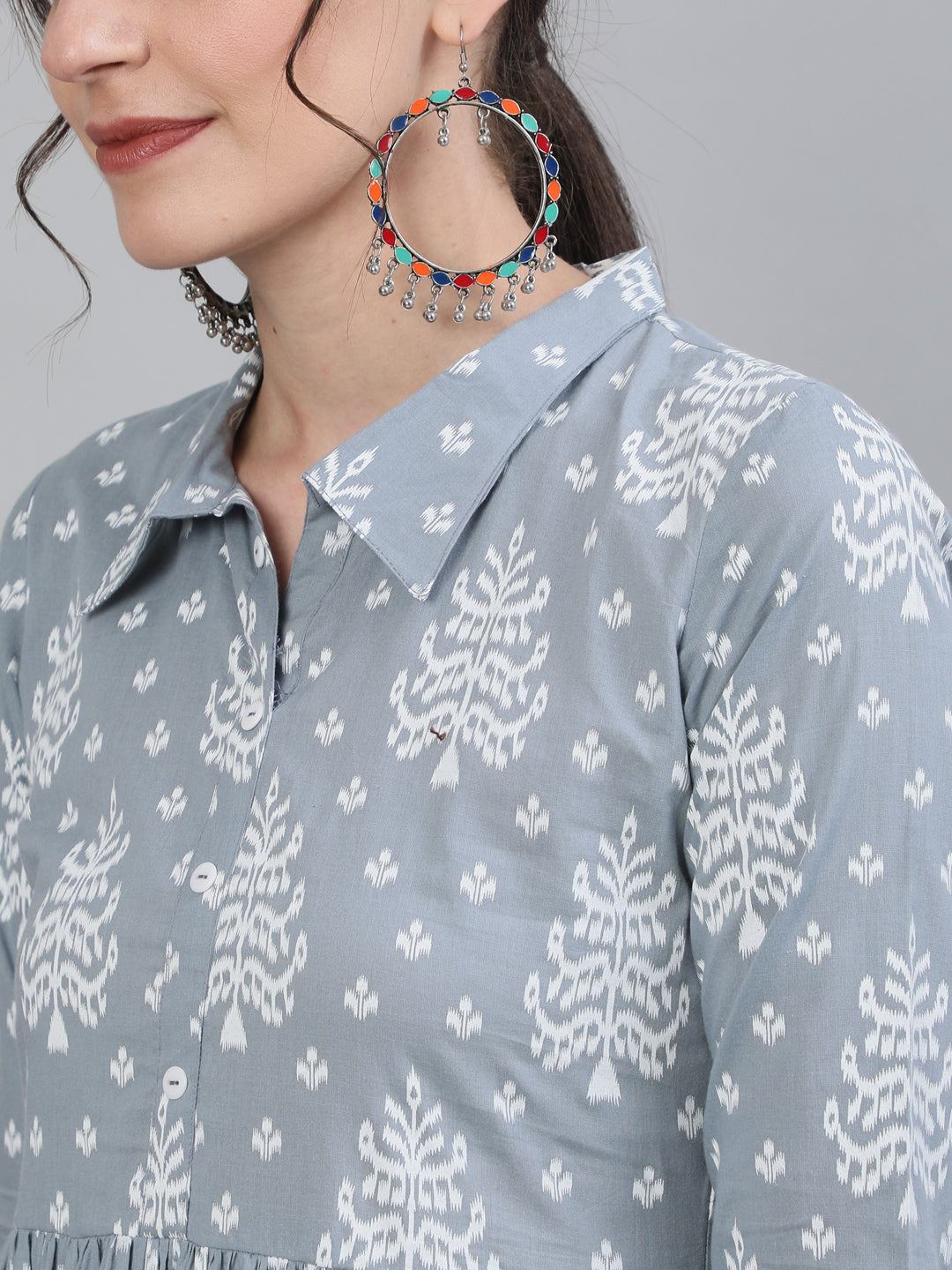 Printed Rayon 3/4 Sleeve Shirt Collor Flared Kurta Dress