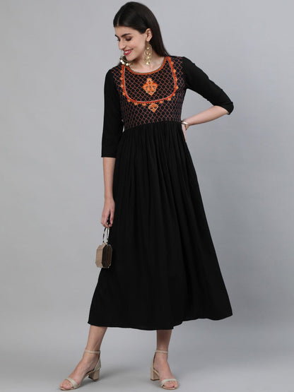 Embroidered Rayon 3/4 Sleeve Round Neck Flared Calf Length Rayon Kurta