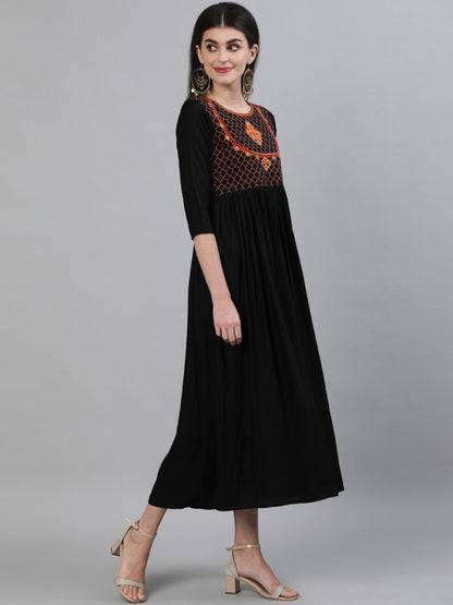 Embroidered Rayon 3/4 Sleeve Round Neck Flared Calf Length Rayon Kurta