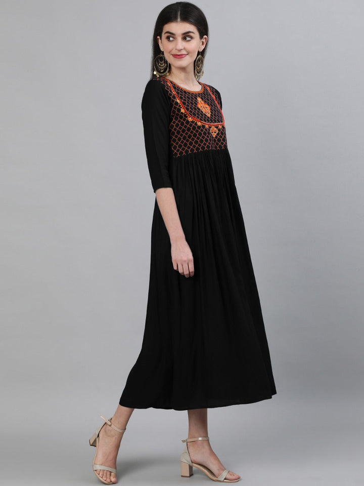 Embroidered Rayon 3/4 Sleeve Round Neck Flared Calf Length Rayon Kurta