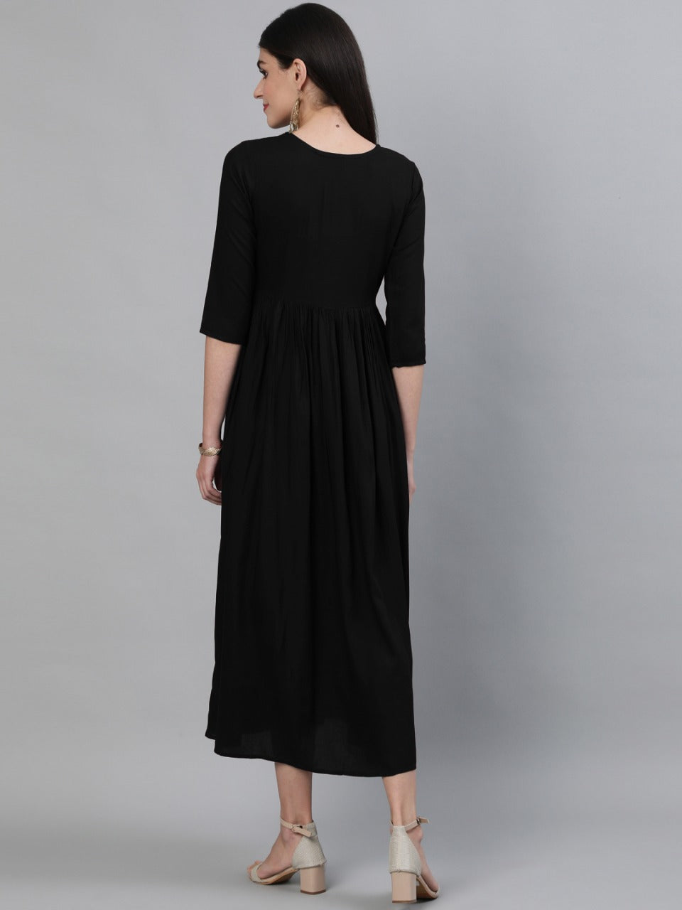 Embroidered Rayon 3/4 Sleeve Round Neck Flared Calf Length Rayon Kurta