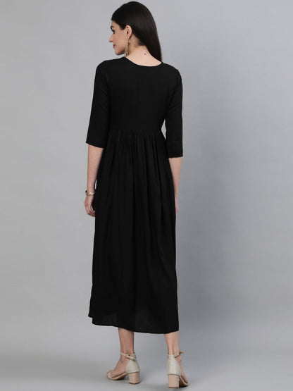 Embroidered Rayon 3/4 Sleeve Round Neck Flared Calf Length Rayon Kurta