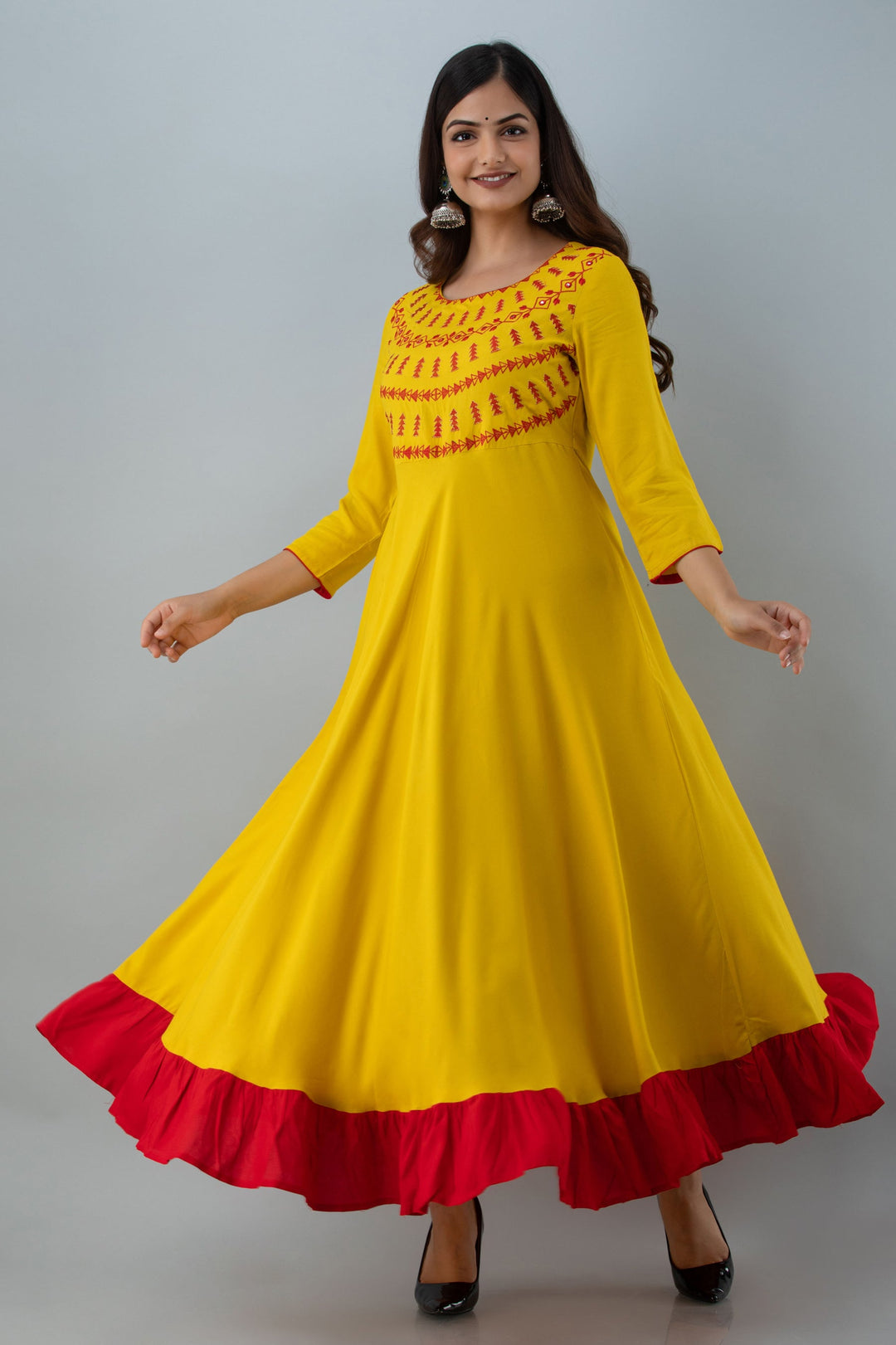 Embroidered Flared Ankle 3/4 Sleeves Round Neck Rayon Kurta