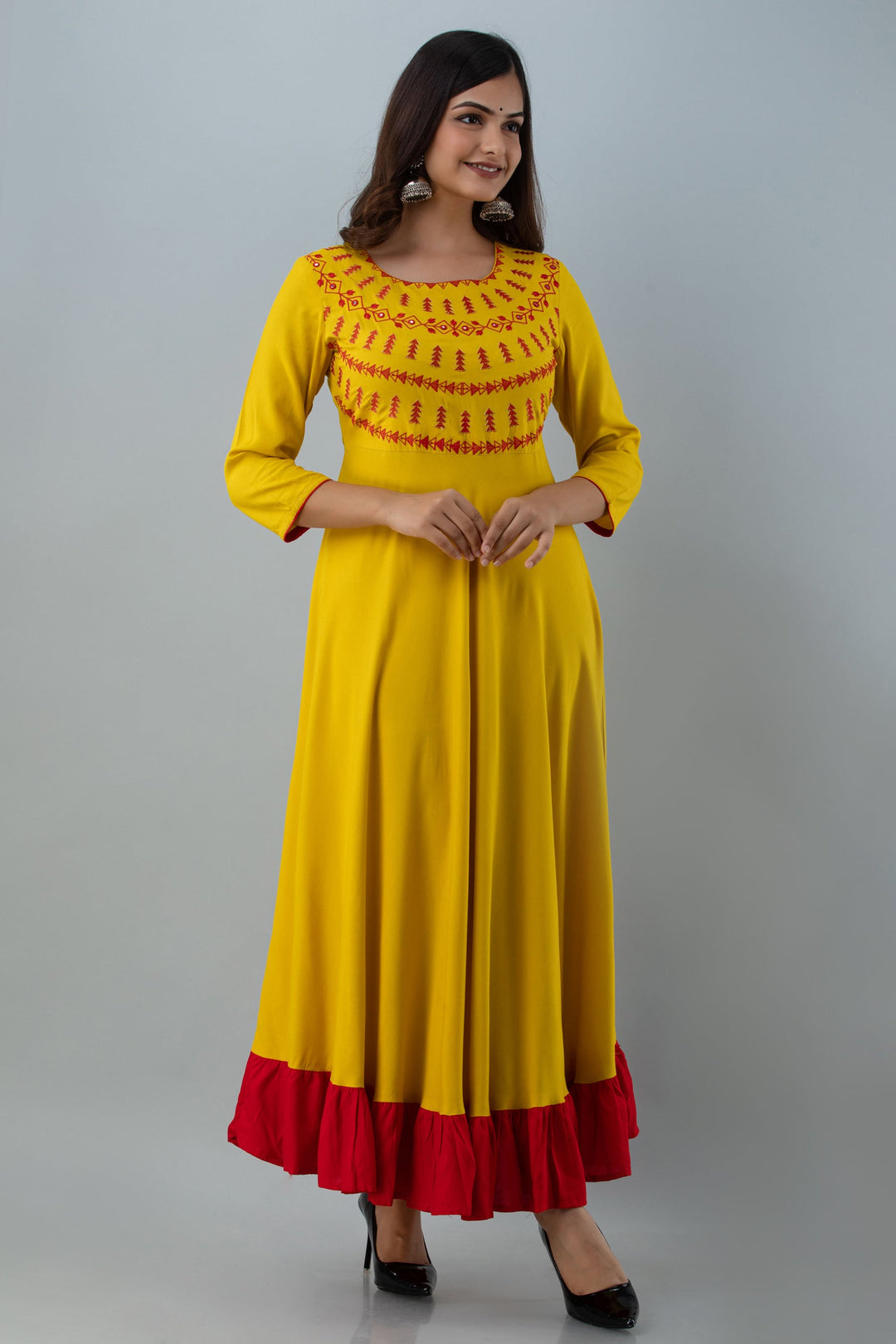 Embroidered Flared Ankle 3/4 Sleeves Round Neck Rayon Kurta