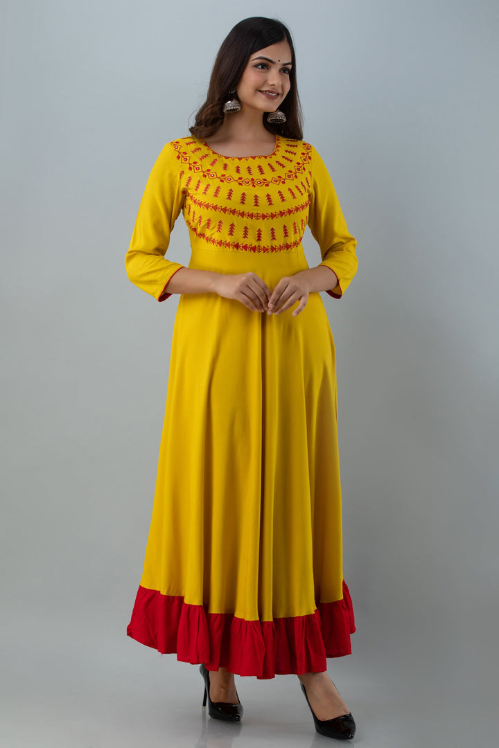 Embroidered Flared Ankle 3/4 Sleeves Round Neck Rayon Kurta