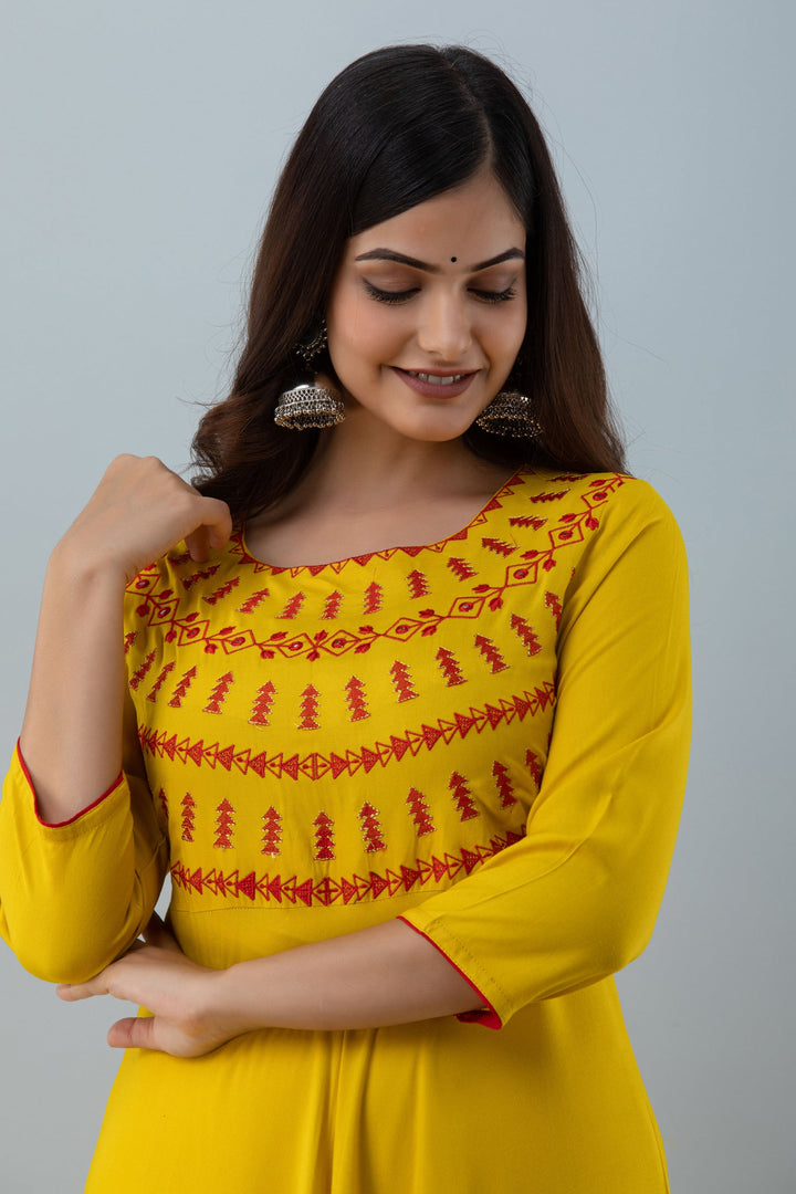 Embroidered Flared Ankle 3/4 Sleeves Round Neck Rayon Kurta