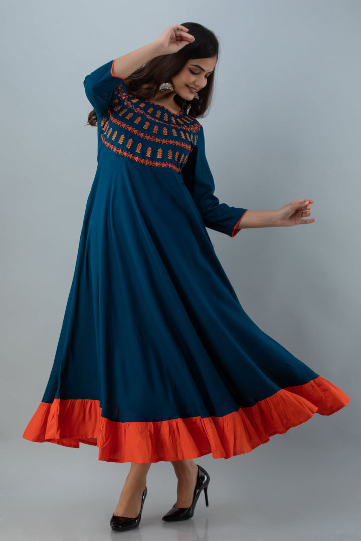 Embroidered Flared Ankle 3/4 Sleeves Round Neck Rayon Kurta