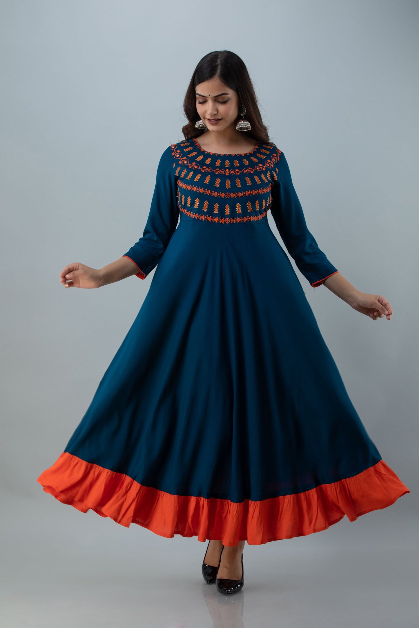 Embroidered Flared Ankle 3/4 Sleeves Round Neck Rayon Kurta