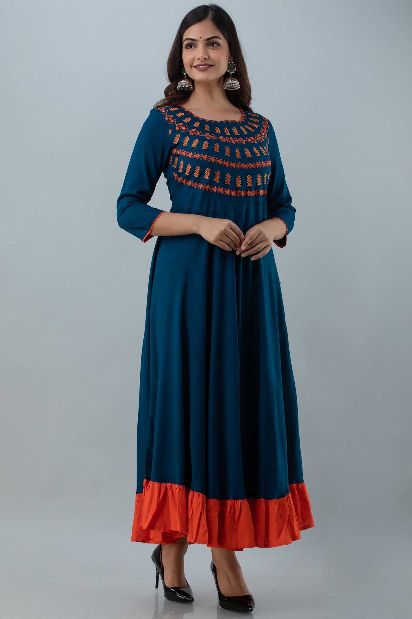 Embroidered Flared Ankle 3/4 Sleeves Round Neck Rayon Kurta