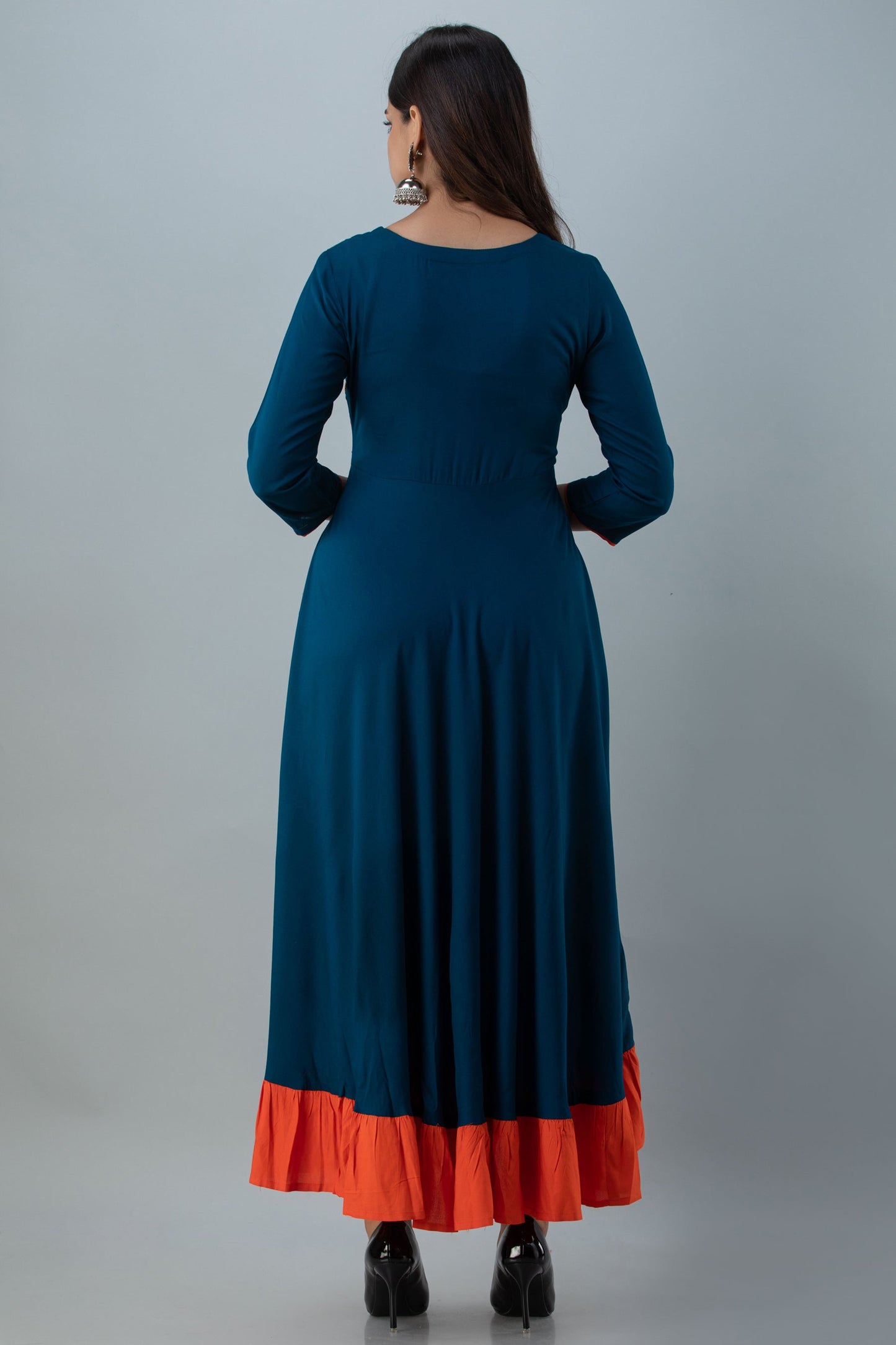 Embroidered Flared Ankle 3/4 Sleeves Round Neck Rayon Kurta