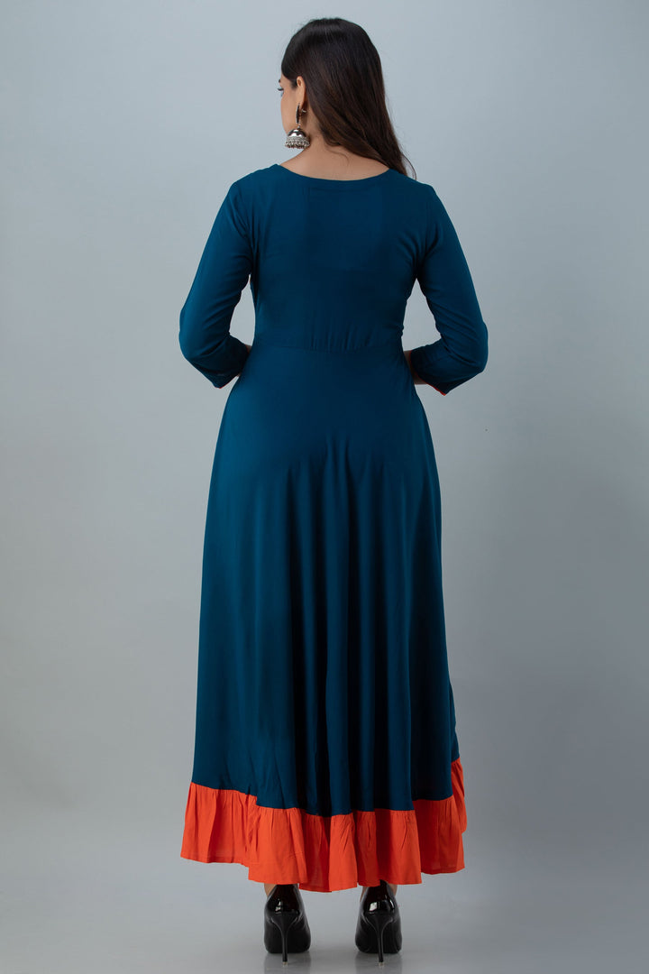 Embroidered Flared Ankle 3/4 Sleeves Round Neck Rayon Kurta