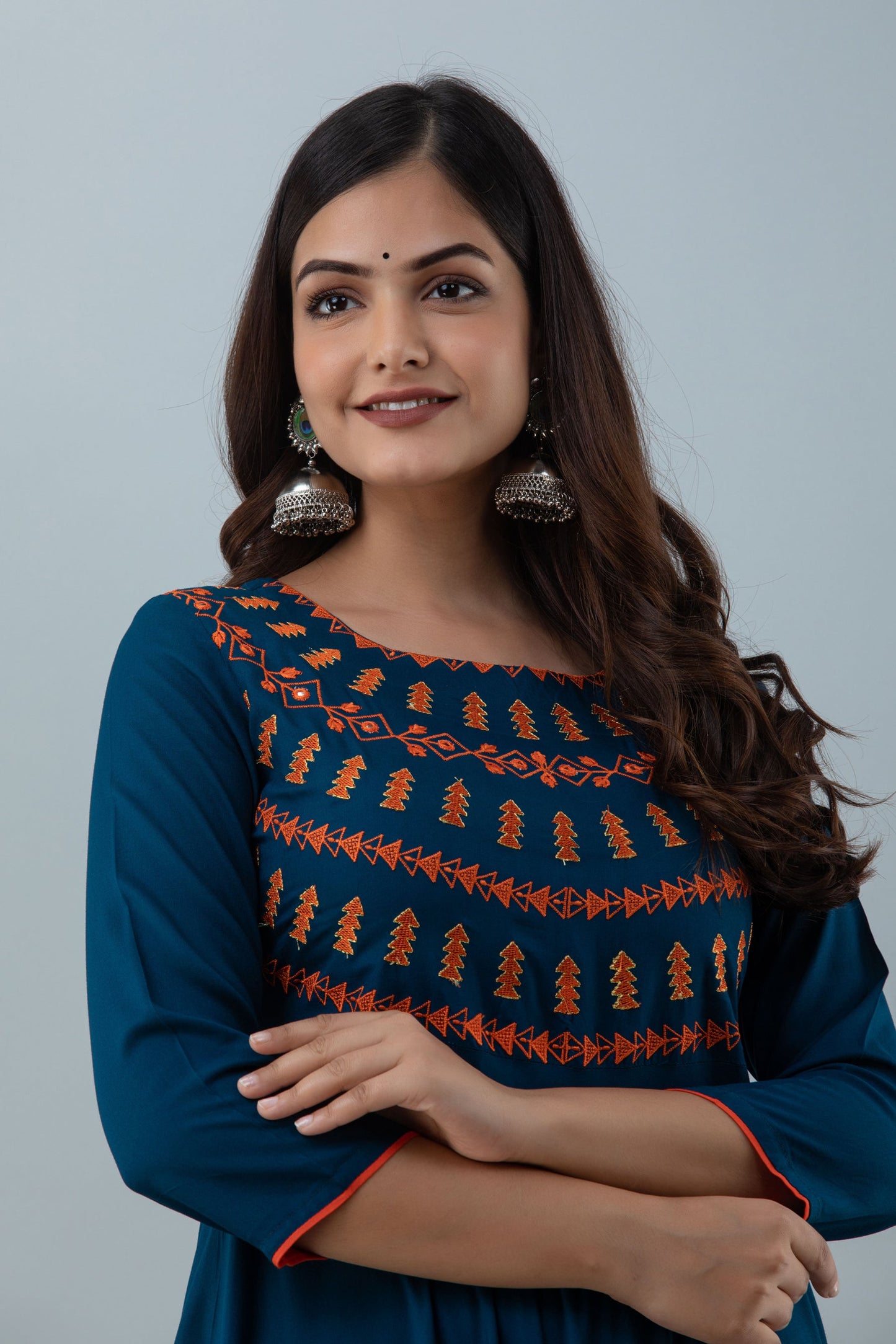 Embroidered Flared Ankle 3/4 Sleeves Round Neck Rayon Kurta