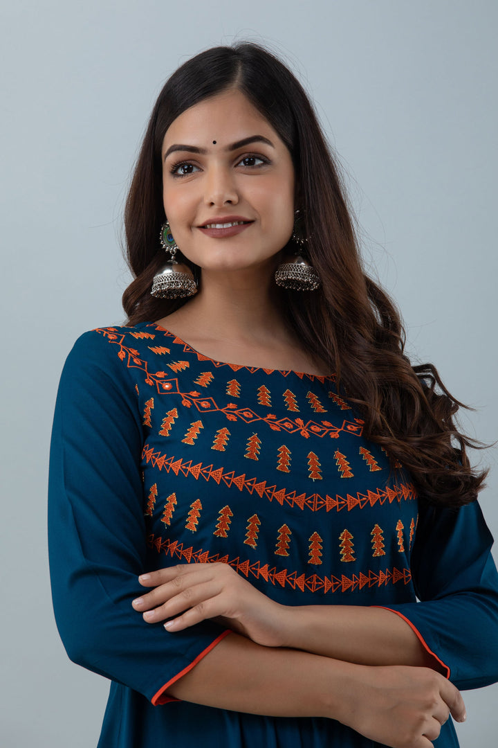 Embroidered Flared Ankle 3/4 Sleeves Round Neck Rayon Kurta