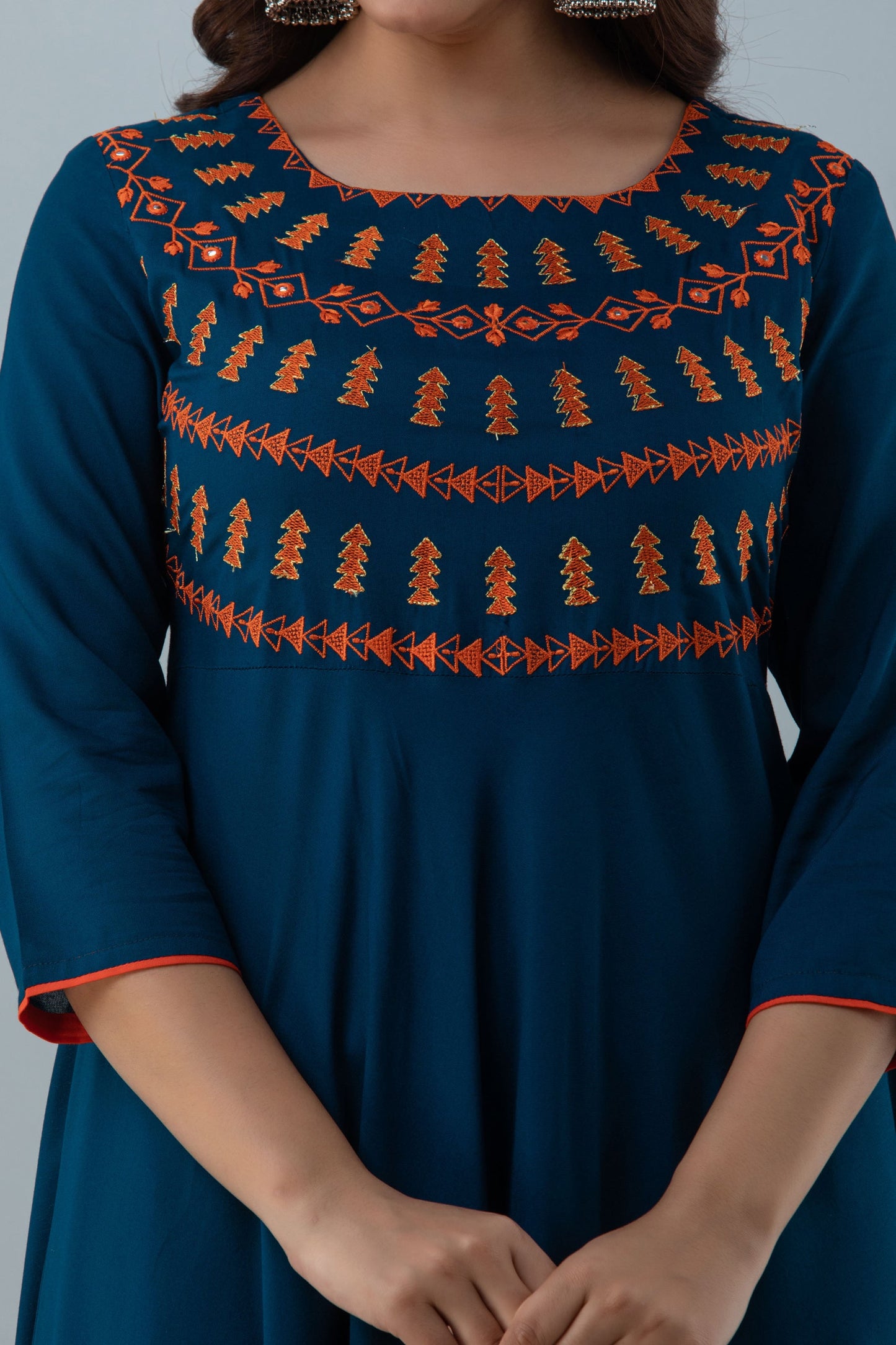 Embroidered Flared Ankle 3/4 Sleeves Round Neck Rayon Kurta