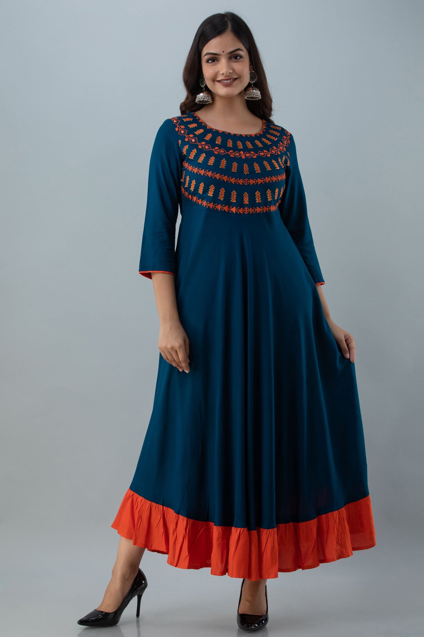 Embroidered Flared Ankle 3/4 Sleeves Round Neck Rayon Kurta