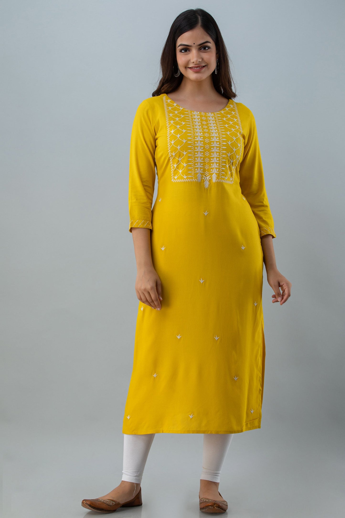 Embroidered Straight Calf Lenth 3/4 Sleeves Round Neck Rayon Kurta