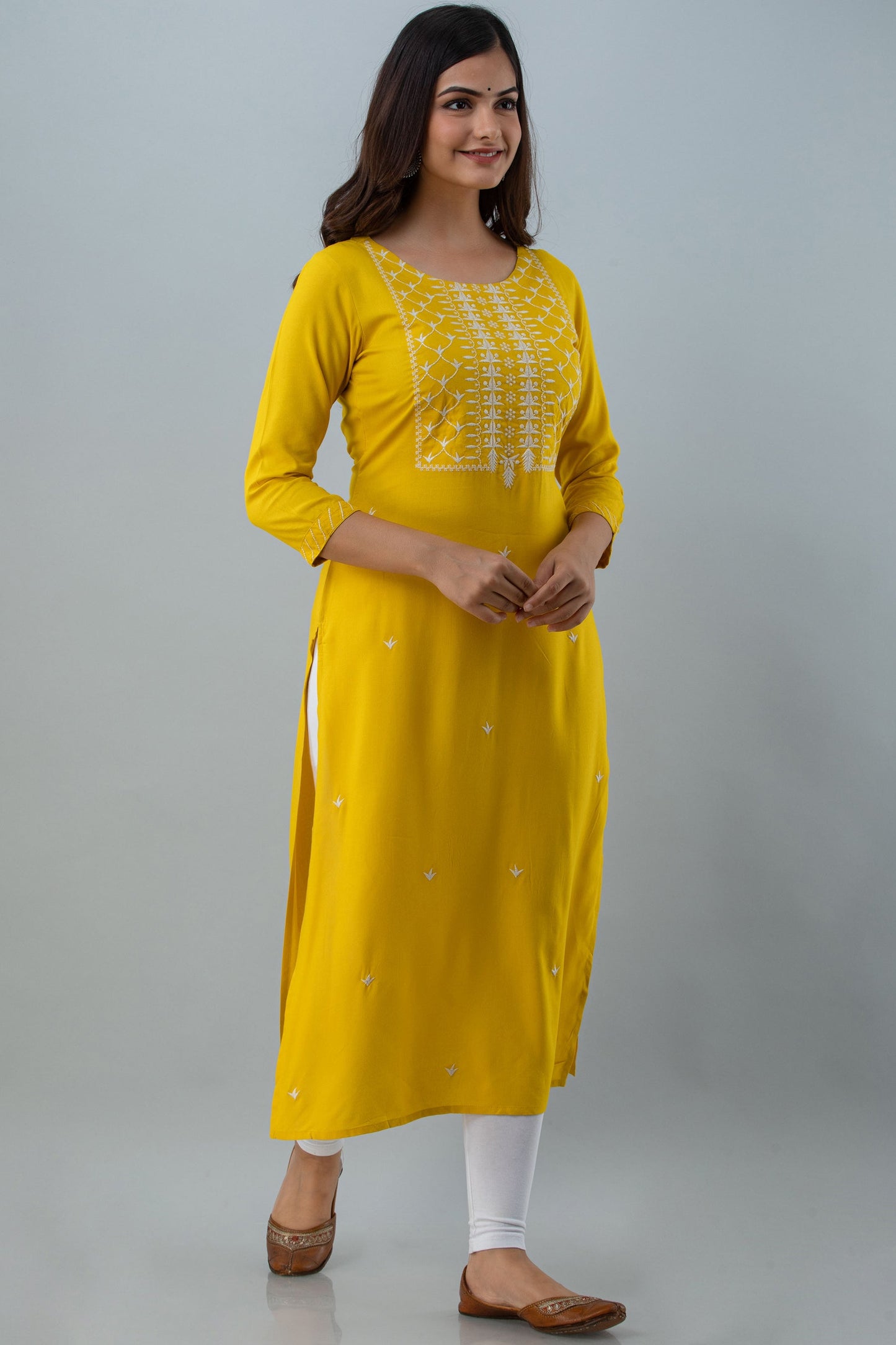 Embroidered Straight Calf Lenth 3/4 Sleeves Round Neck Rayon Kurta