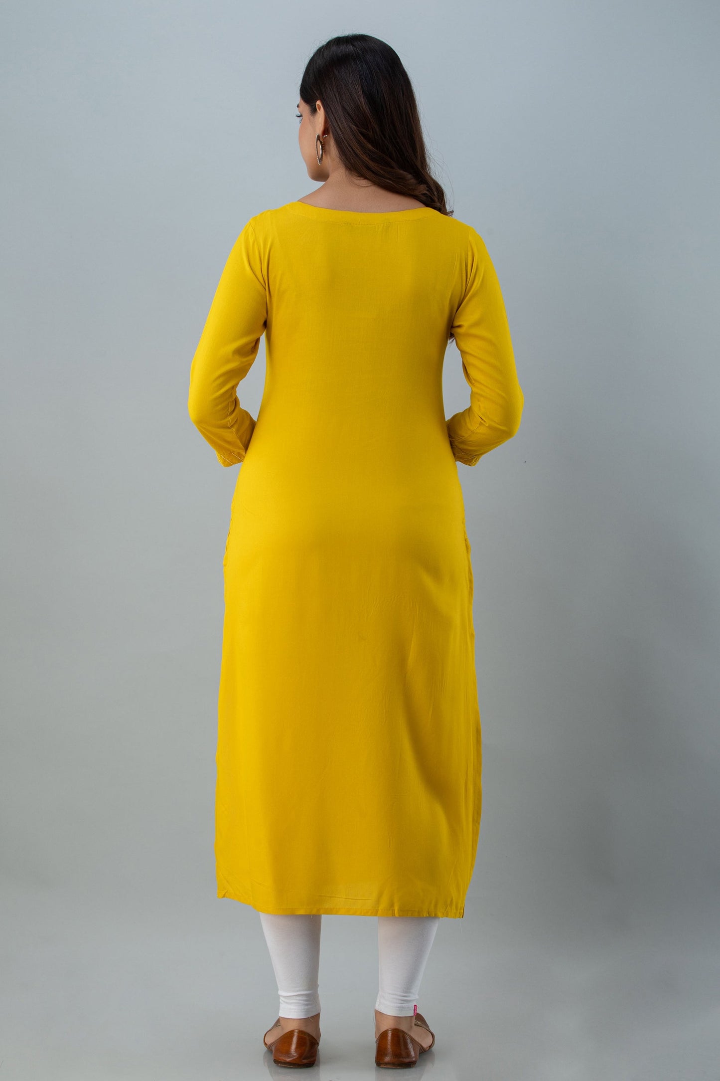 Embroidered Straight Calf Lenth 3/4 Sleeves Round Neck Rayon Kurta
