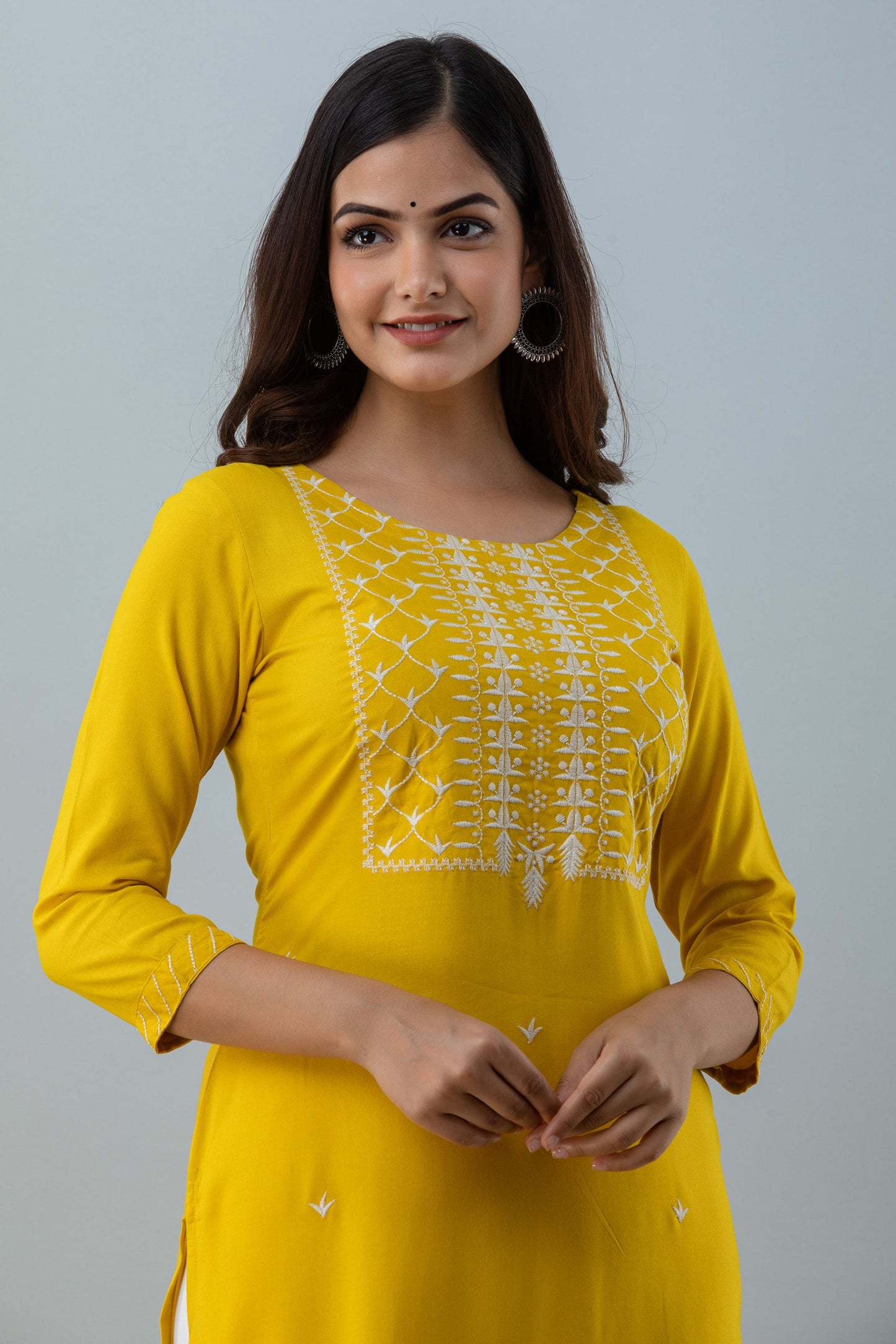 Embroidered Straight Calf Lenth 3/4 Sleeves Round Neck Rayon Kurta