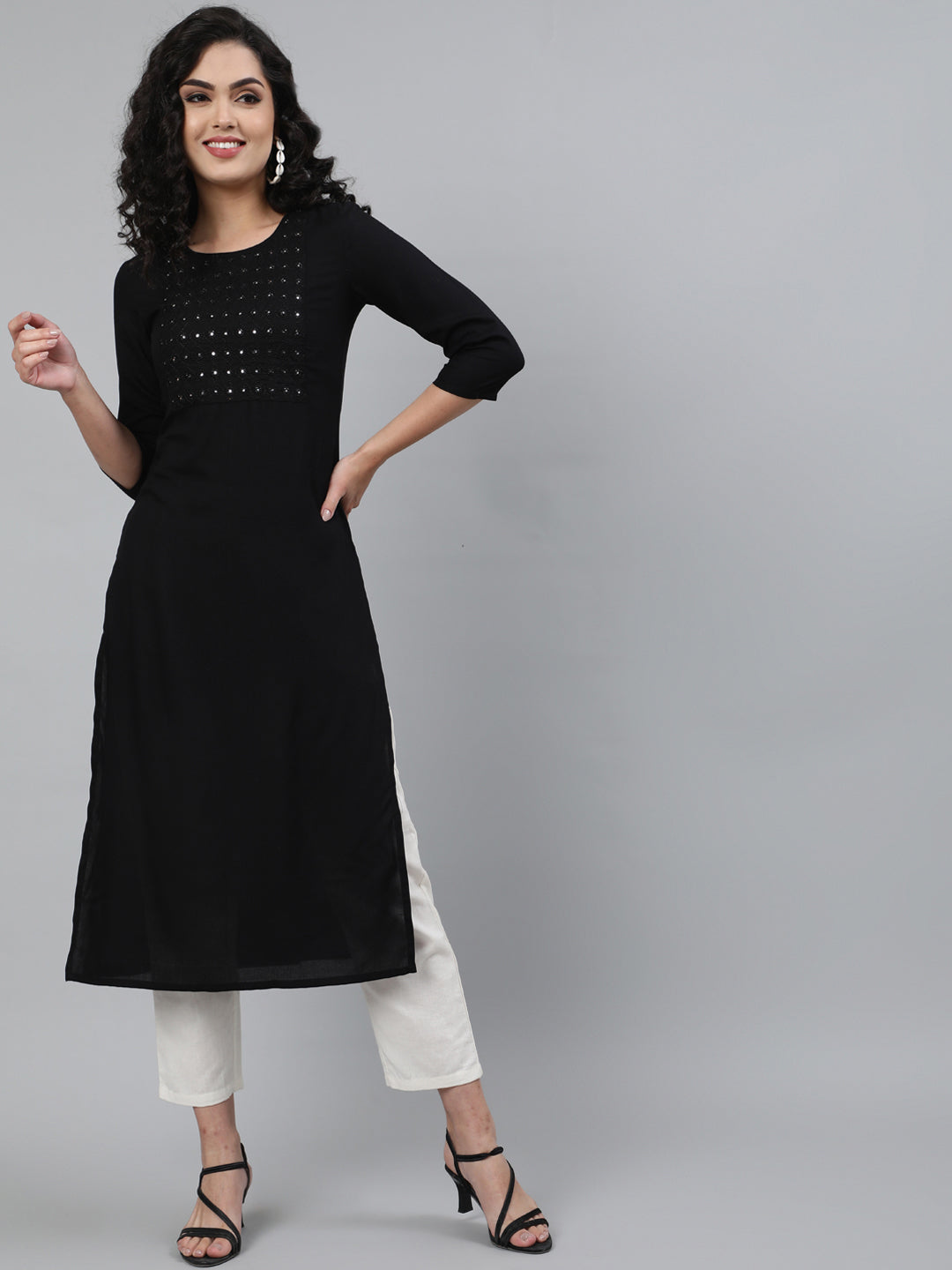 Rayon Mirror work 3/4 Sleeve Straight Round Neck Calf Length Kurta