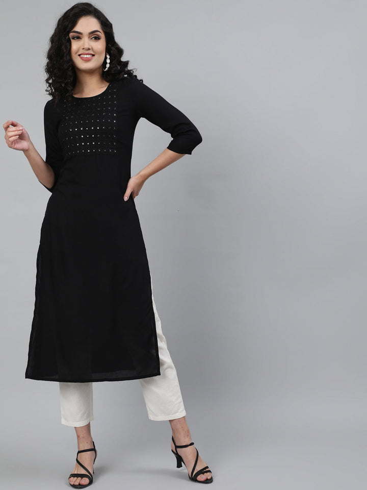 Rayon Mirror work 3/4 Sleeve Straight Round Neck Calf Length Kurta