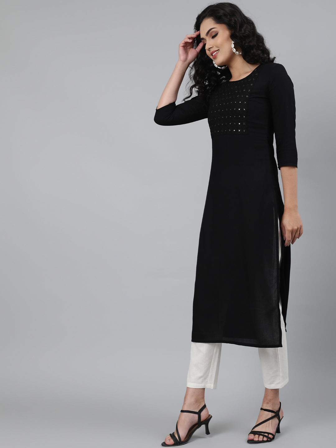 Rayon Mirror work 3/4 Sleeve Straight Round Neck Calf Length Kurta