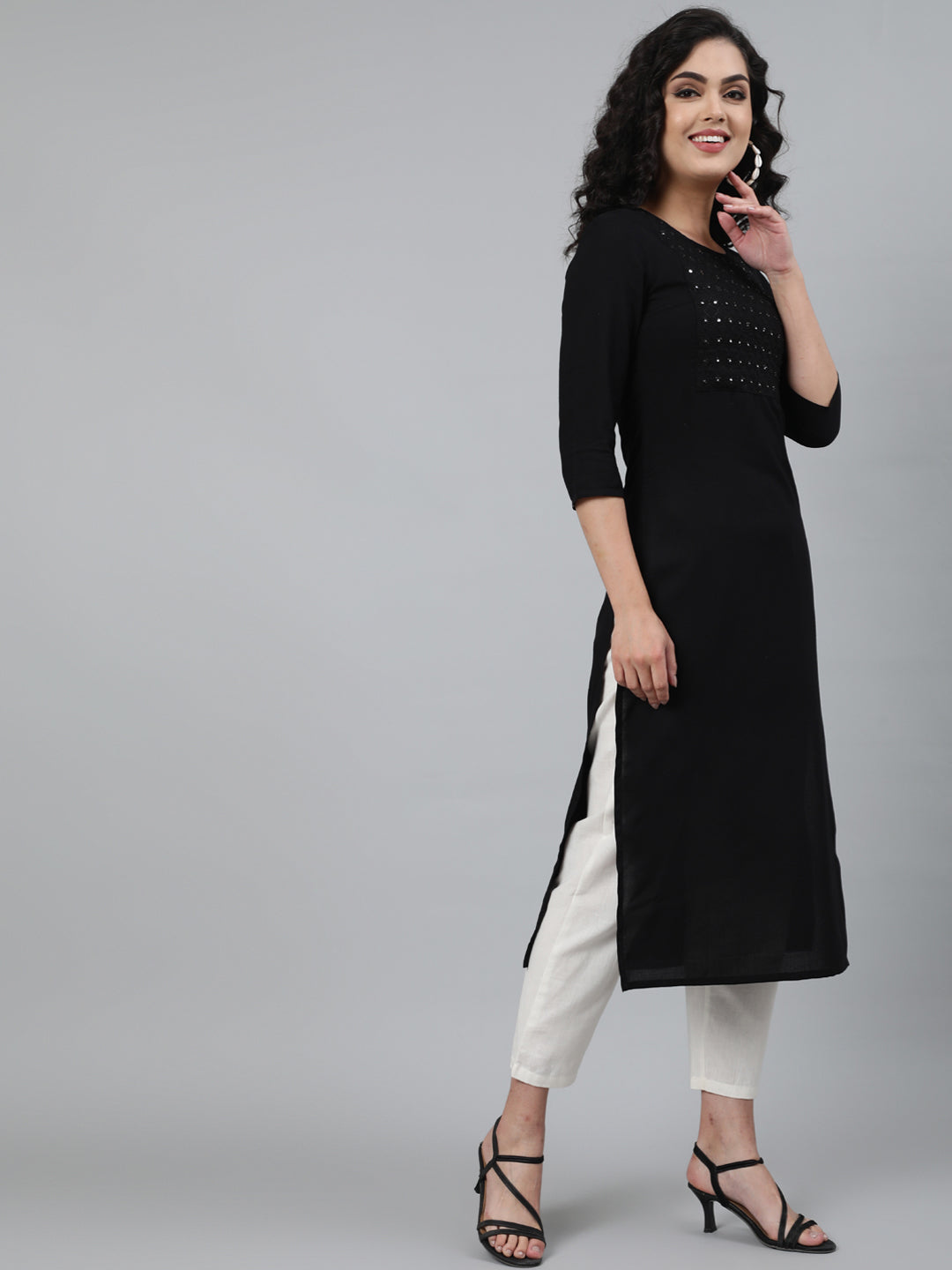 Rayon Mirror work 3/4 Sleeve Straight Round Neck Calf Length Kurta