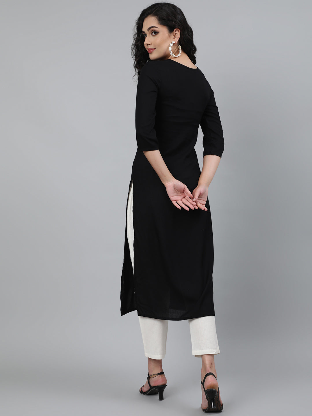 Rayon Mirror work 3/4 Sleeve Straight Round Neck Calf Length Kurta