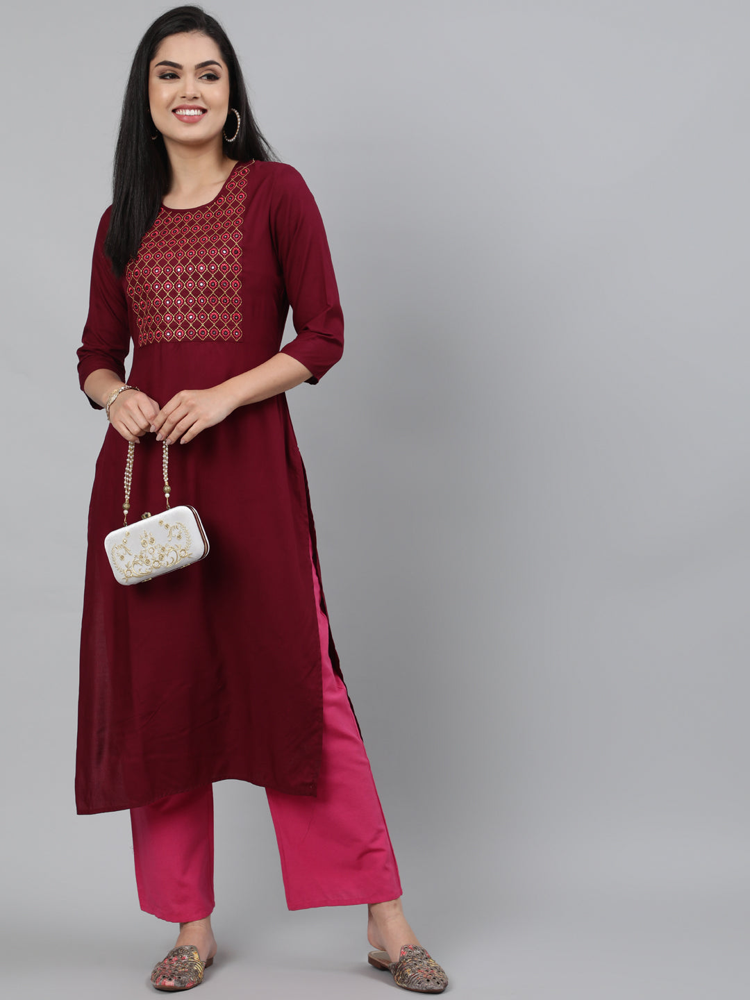 Rayon Mirror work 3/4 Sleeve Straight Round Neck Calf Length Kurta