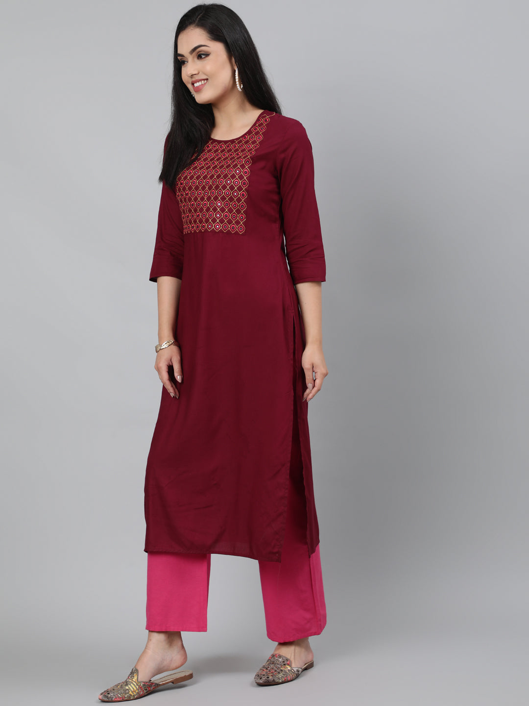 Rayon Mirror work 3/4 Sleeve Straight Round Neck Calf Length Kurta