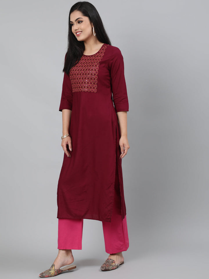 Rayon Mirror work 3/4 Sleeve Straight Round Neck Calf Length Kurta