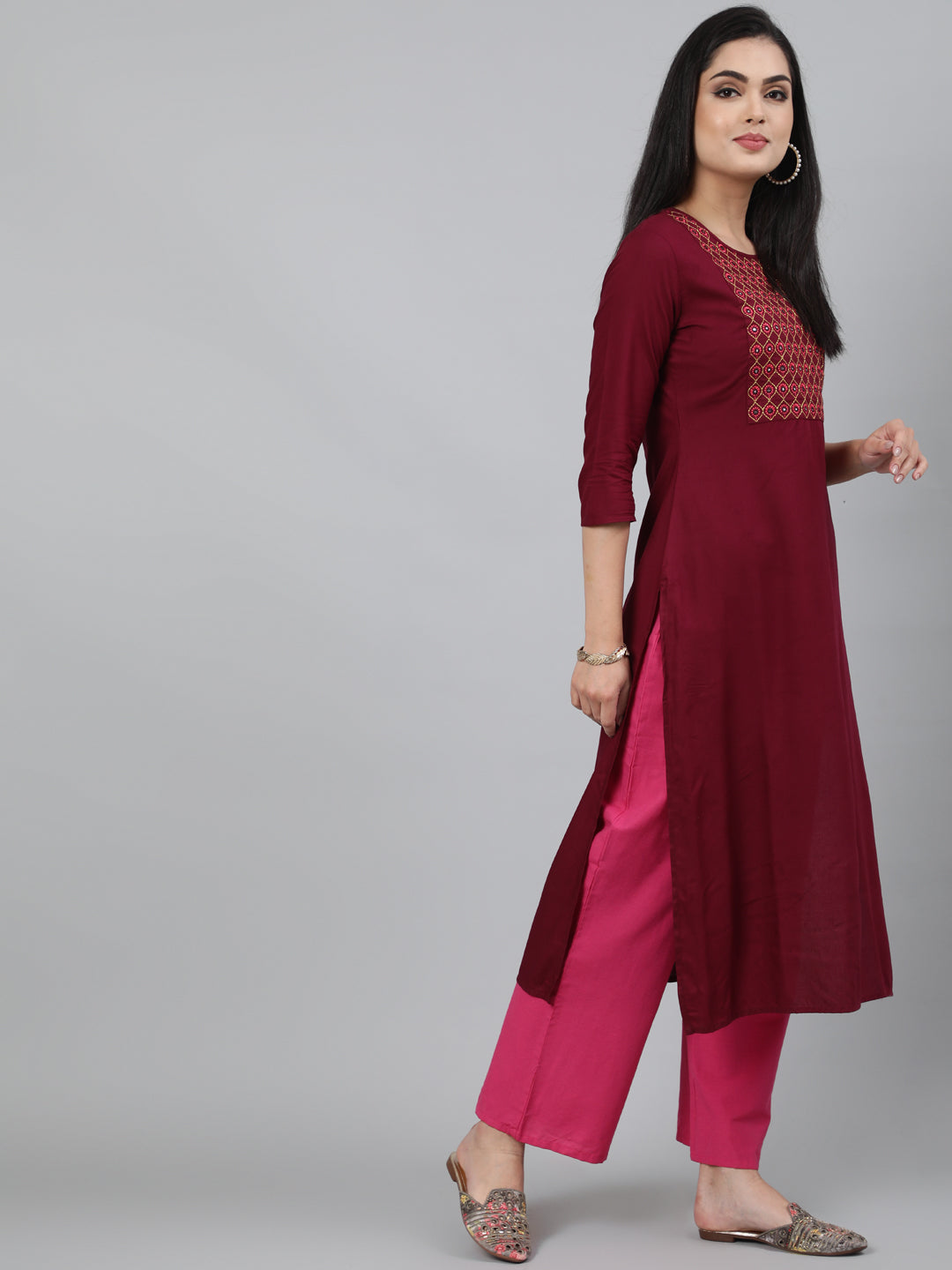 Rayon Mirror work 3/4 Sleeve Straight Round Neck Calf Length Kurta