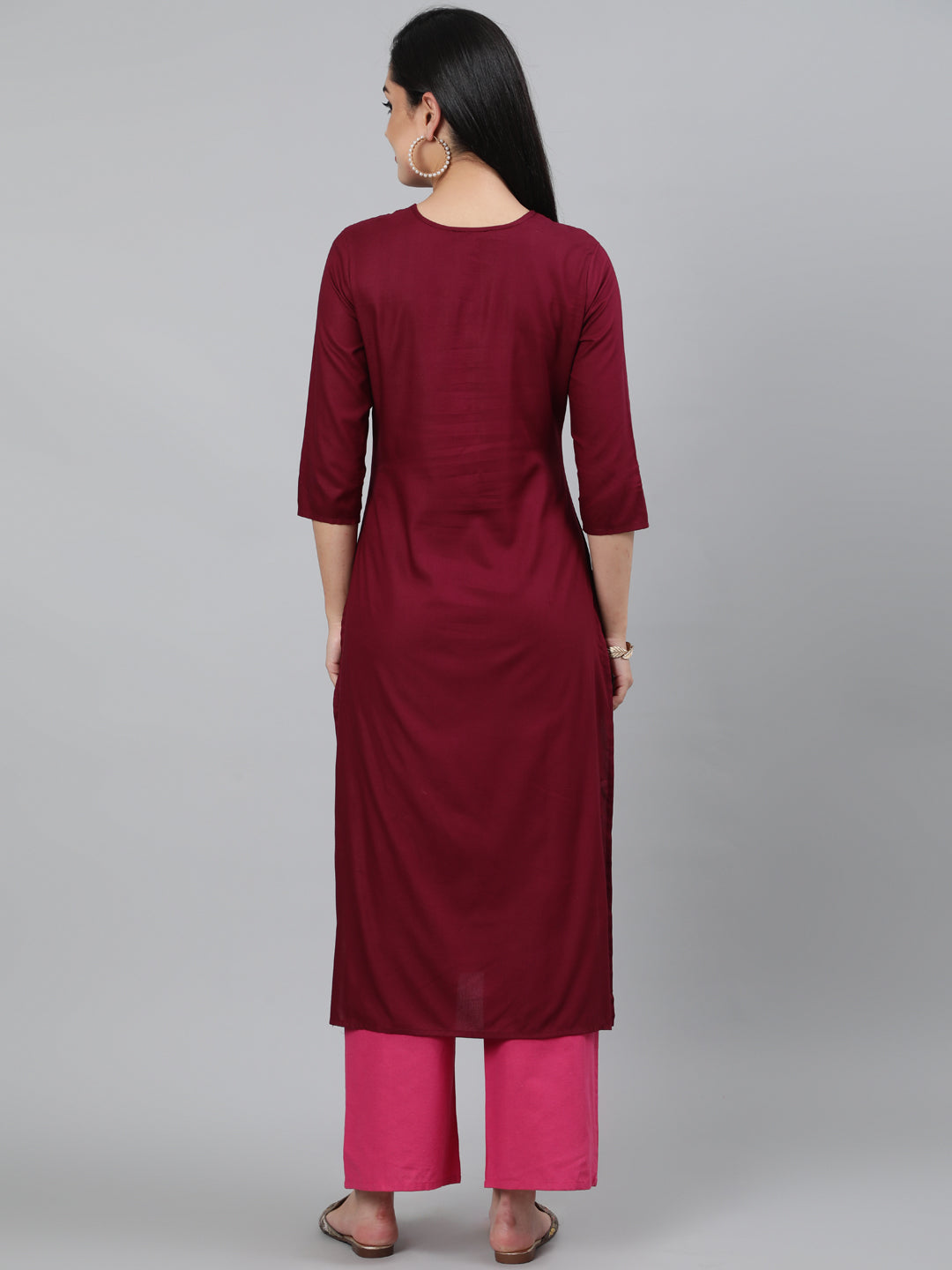 Rayon Mirror work 3/4 Sleeve Straight Round Neck Calf Length Kurta