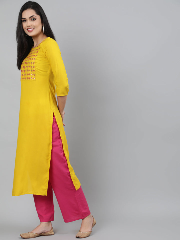 Rayon Mirror work 3/4 Sleeve Straight Round Neck Calf Length Kurta