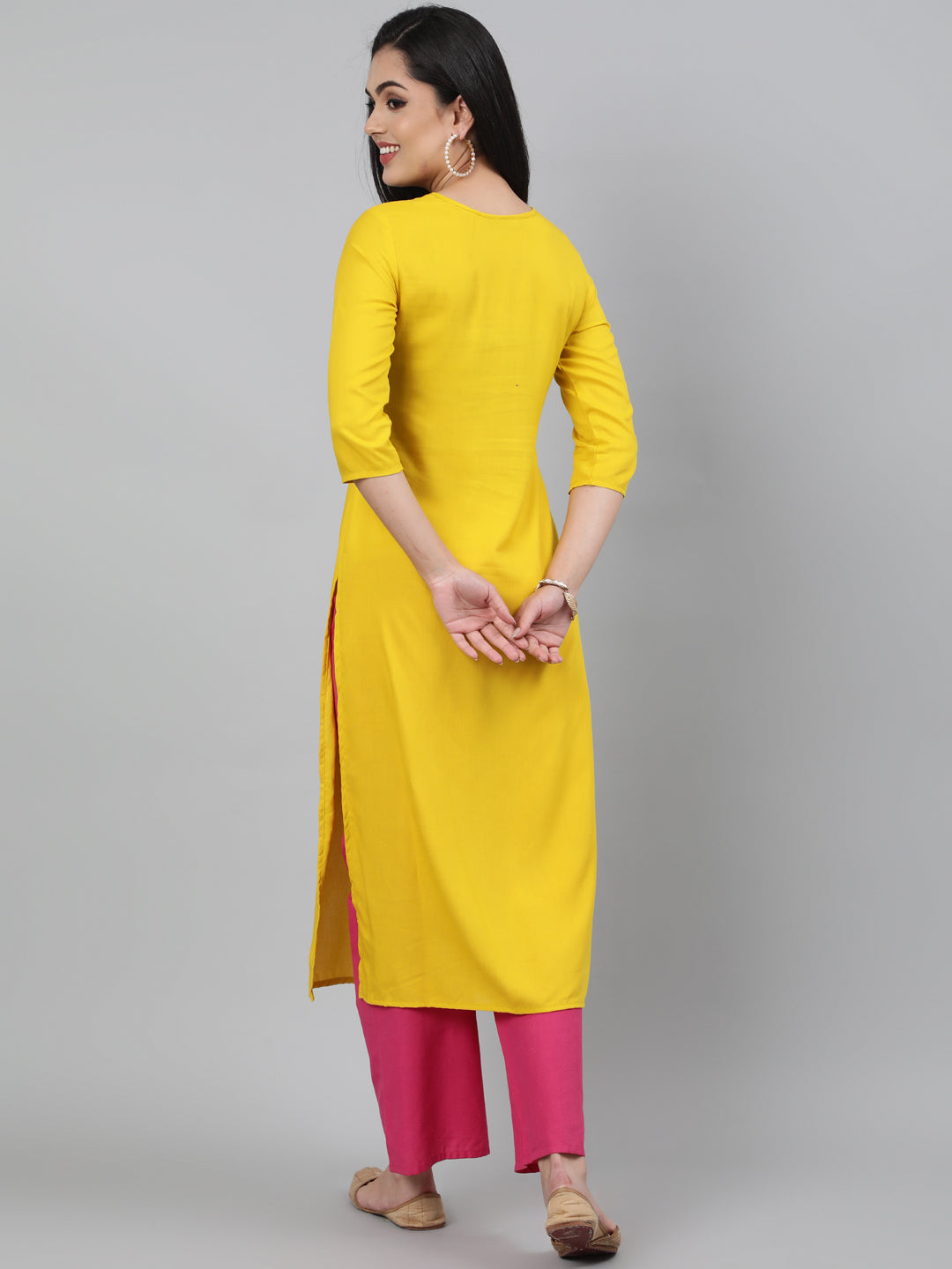 Rayon Mirror work 3/4 Sleeve Straight Round Neck Calf Length Kurta