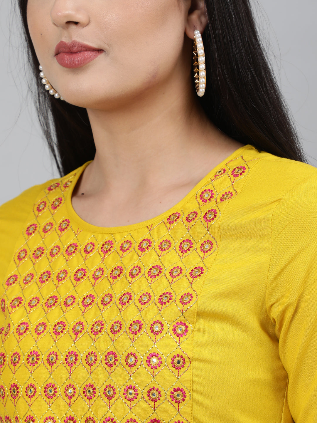 Rayon Mirror work 3/4 Sleeve Straight Round Neck Calf Length Kurta