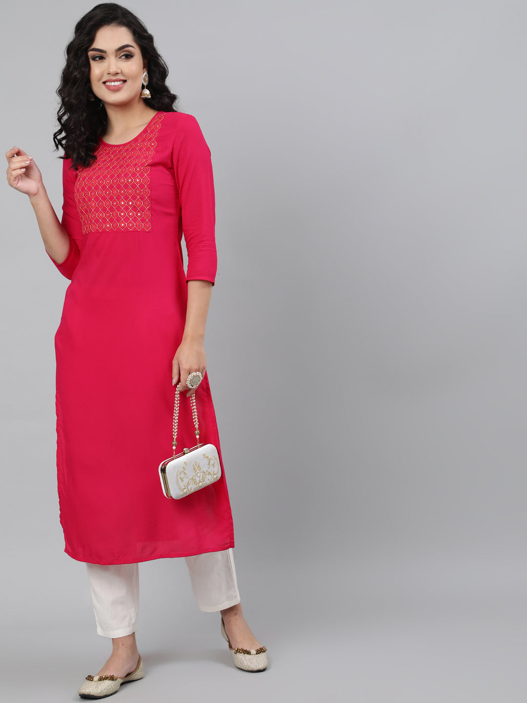 Rayon Mirror work 3/4 Sleeve Straight Round Neck Calf Length Kurta