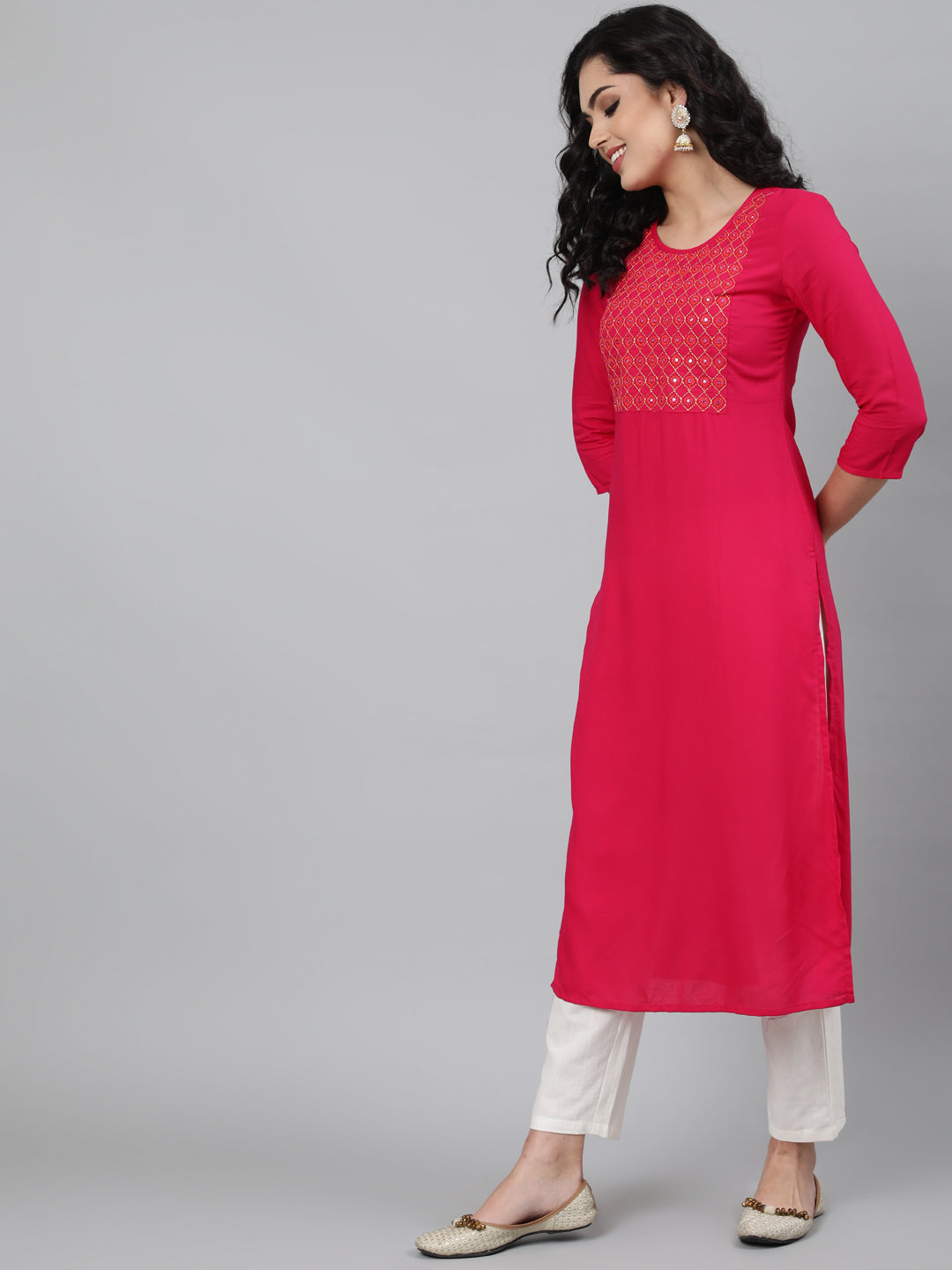 Rayon Mirror work 3/4 Sleeve Straight Round Neck Calf Length Kurta