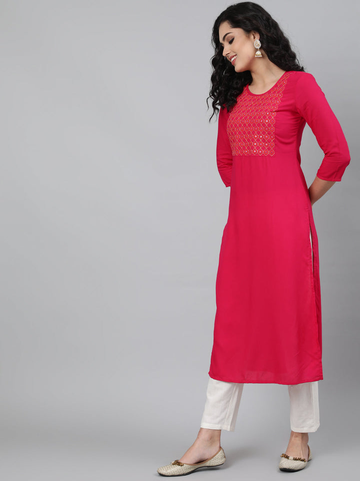 Rayon Mirror work 3/4 Sleeve Straight Round Neck Calf Length Kurta