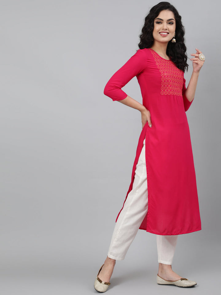 Rayon Mirror work 3/4 Sleeve Straight Round Neck Calf Length Kurta