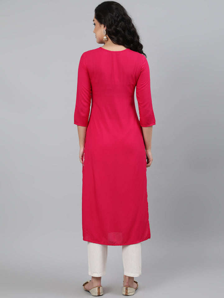 Rayon Mirror work 3/4 Sleeve Straight Round Neck Calf Length Kurta