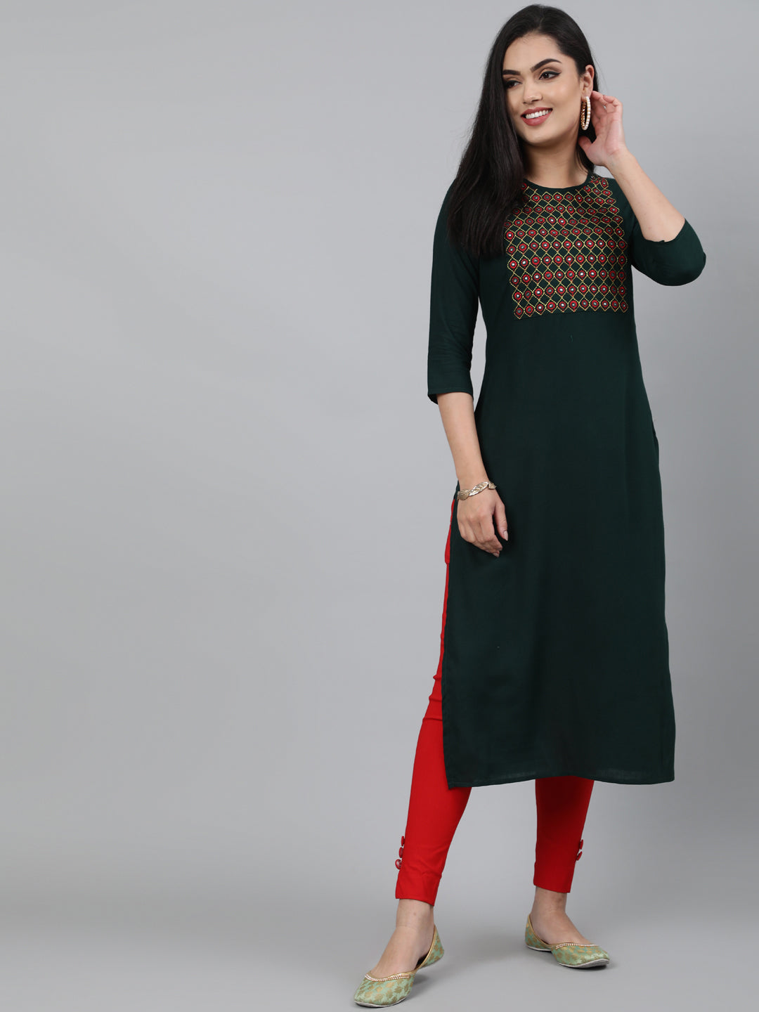 Rayon Mirror work 3/4 Sleeve Straight Round Neck Calf Length Kurta